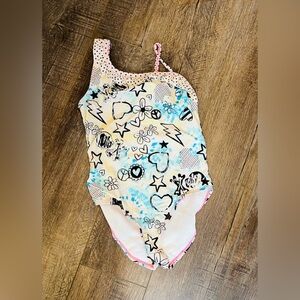 Girls One-Piece Swimsuit | Tie Dye Doodle Print | Asymmetrical Strap | Size 6X